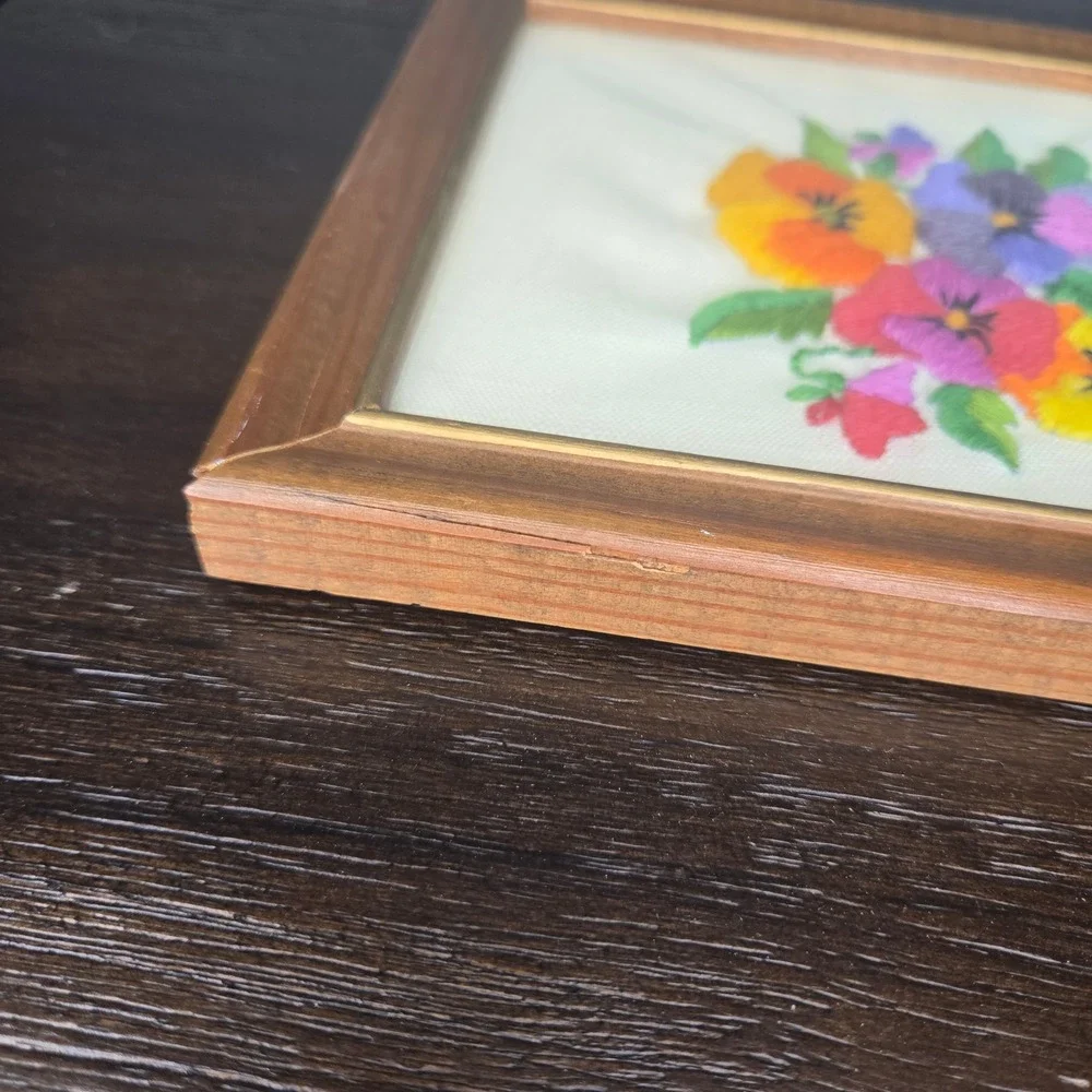 Vintage Framed Hand Embroidered Pansy Floral Needlework Wall Art Cottage Decor
